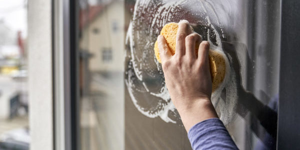 Close up of caucasian woman cleaning the windows at home